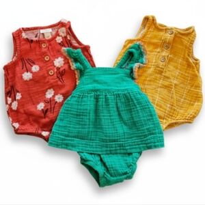Cat & Jack Floral Red, Solid Teal, and Mustard Romper Trio Sz 0-3M